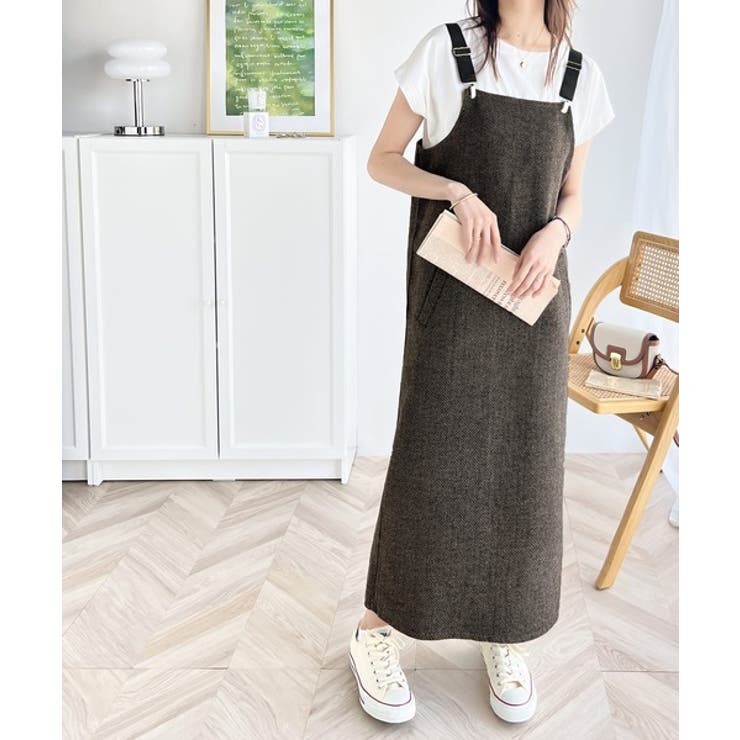 カジュアルにキマル。サスペンダー付 ヘリンボーンワンピース