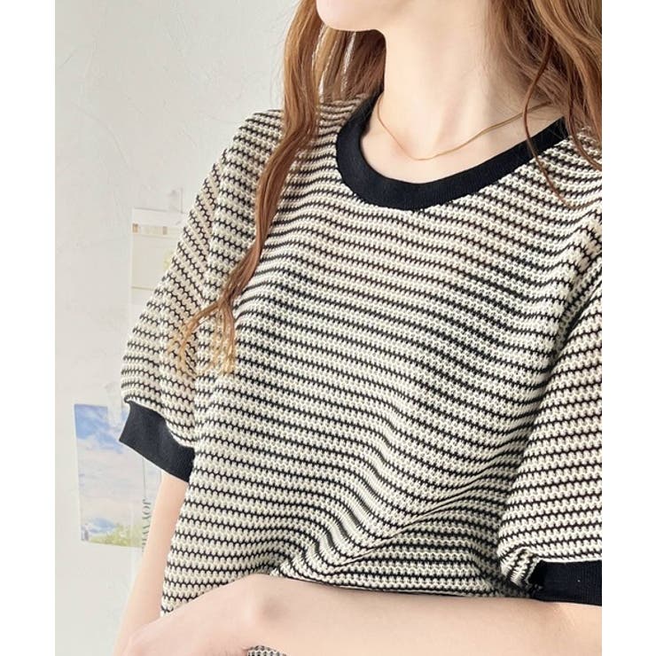 上品エレガントカジュアル。かぎ針風ボーダートップス[品番