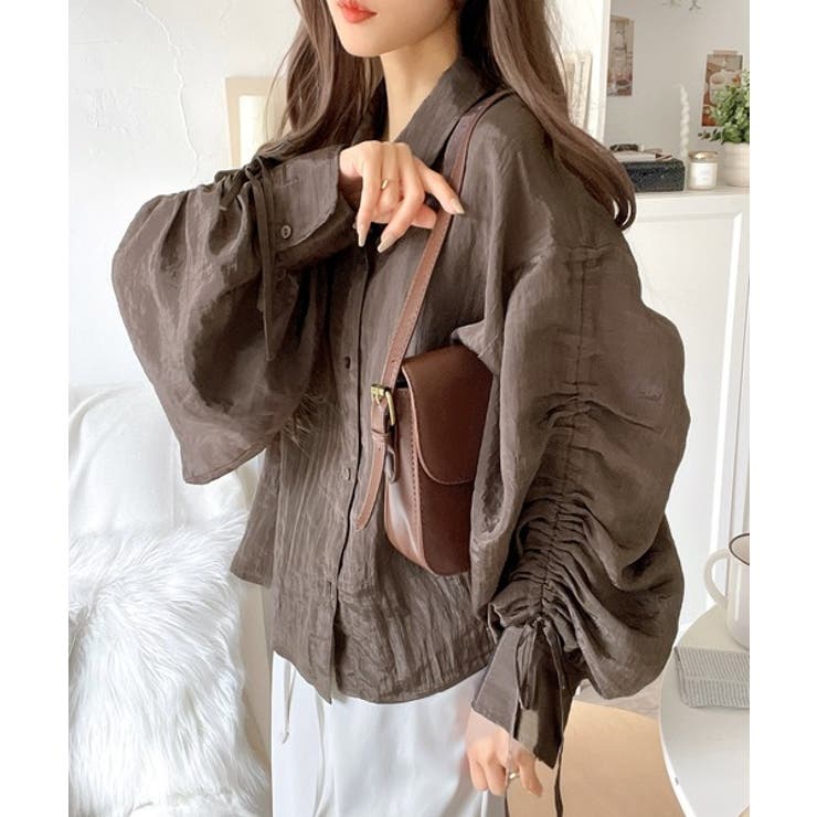 ブラウン | 上品な抜け感と自由なアレンジ叶う。2wayカラー袖シャーリングシアー素材シャツブ… | Classical Elf 