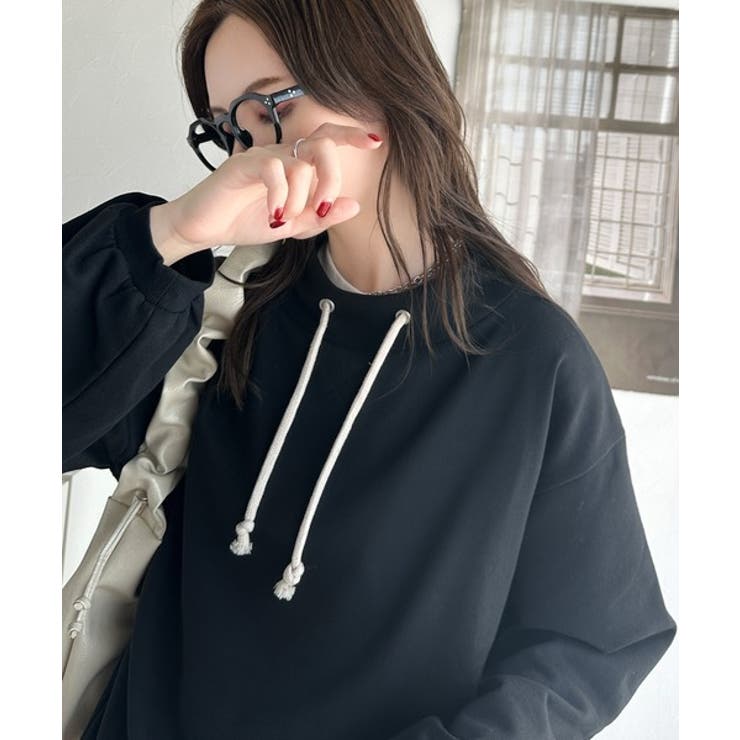 ブラック | 大人カジュアルをアップデート。フェイクフードスタンドネック裏毛プルオーバー | Classical Elf 