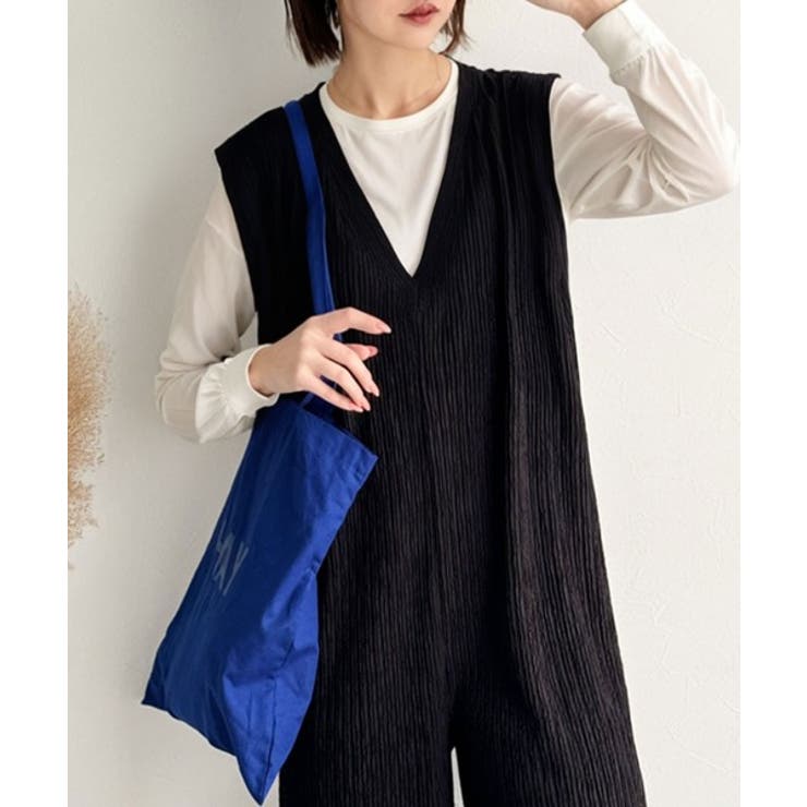 ブラック | 存在感ある凹凸ジャガード☆前後2way裾ドロストサロペット | Classical Elf 