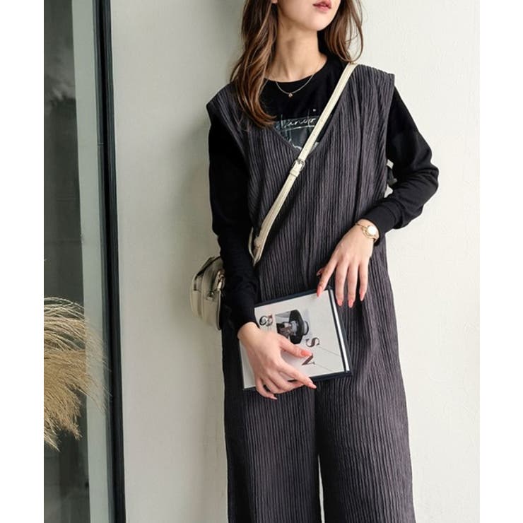 チャコール | 存在感ある凹凸ジャガード☆前後2way裾ドロストサロペット | Classical Elf 