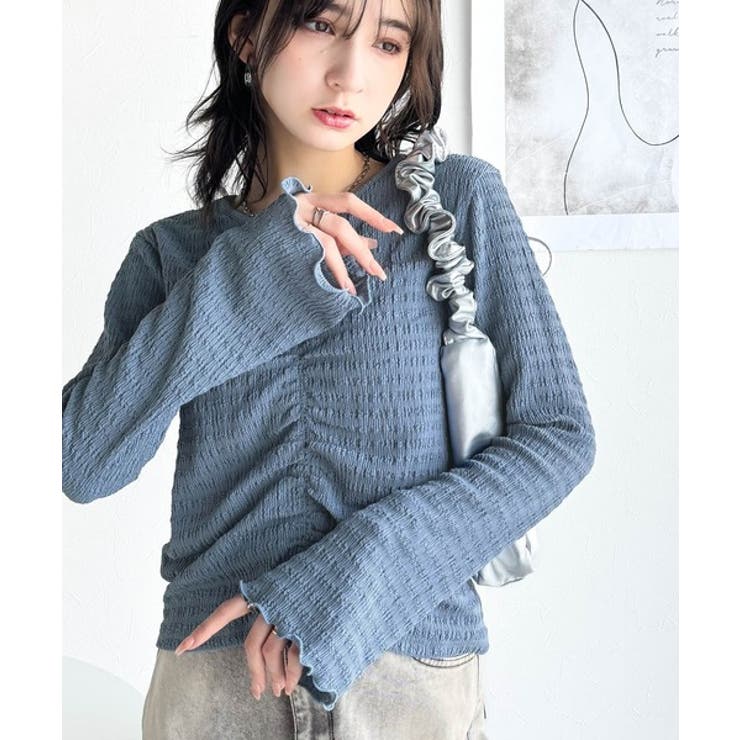 ブルー | 大人の魅力を引き立てる。胸シャーリングジャガードトップス（長袖） | Classical Elf 