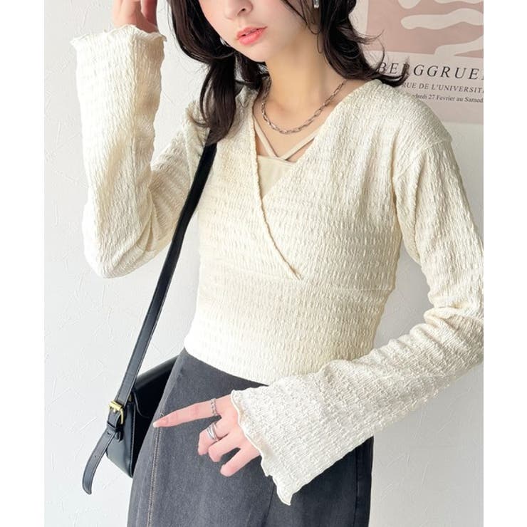 スタイルアップが叶う！リボンカシュクールジャガードカットソー（フレアスリーブ） | Classical Elf  | 詳細画像1 