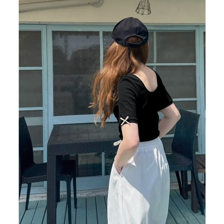 大人可愛いを叶える。前後2way袖リボンバックオープンリブトップス | Classical Elf  | 詳細画像17 