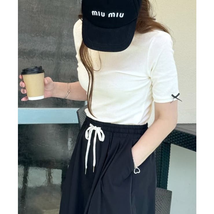 大人可愛いを叶える。前後2way袖リボンバックオープンリブトップス | Classical Elf  | 詳細画像1 