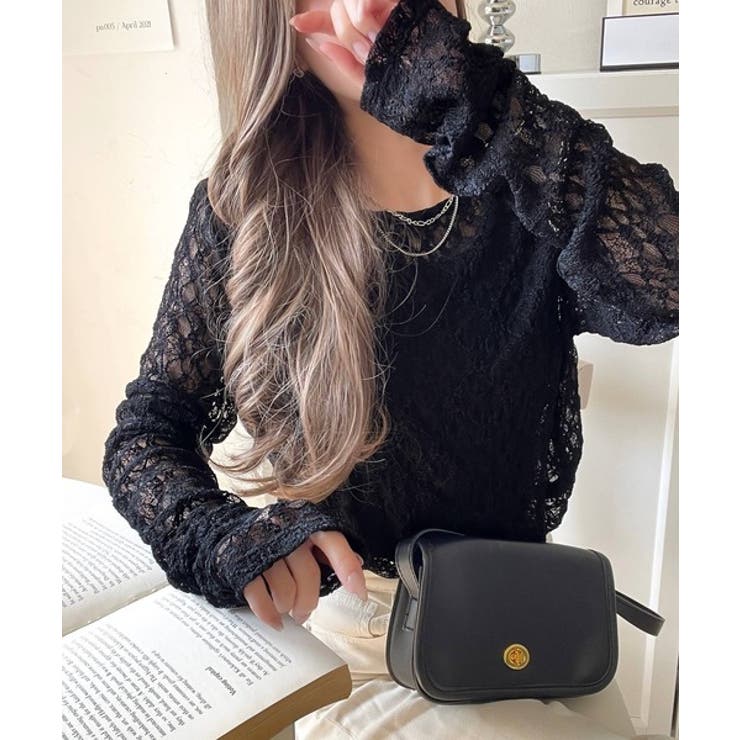 ブラック | 大人の上品映えレースアイテム。袖ギャザーレーストップス（長袖） | Classical Elf 