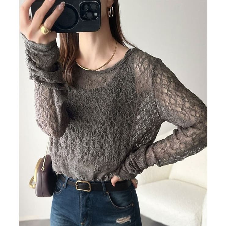 チャコール | 大人の上品映えレースアイテム。袖ギャザーレーストップス（長袖） | Classical Elf 