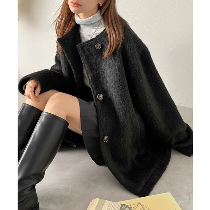 ブラック | リラックス感漂うゆったり大人シルエット。ムードをまとう。ミックスシャギーミドルコ… | Classical Elf 