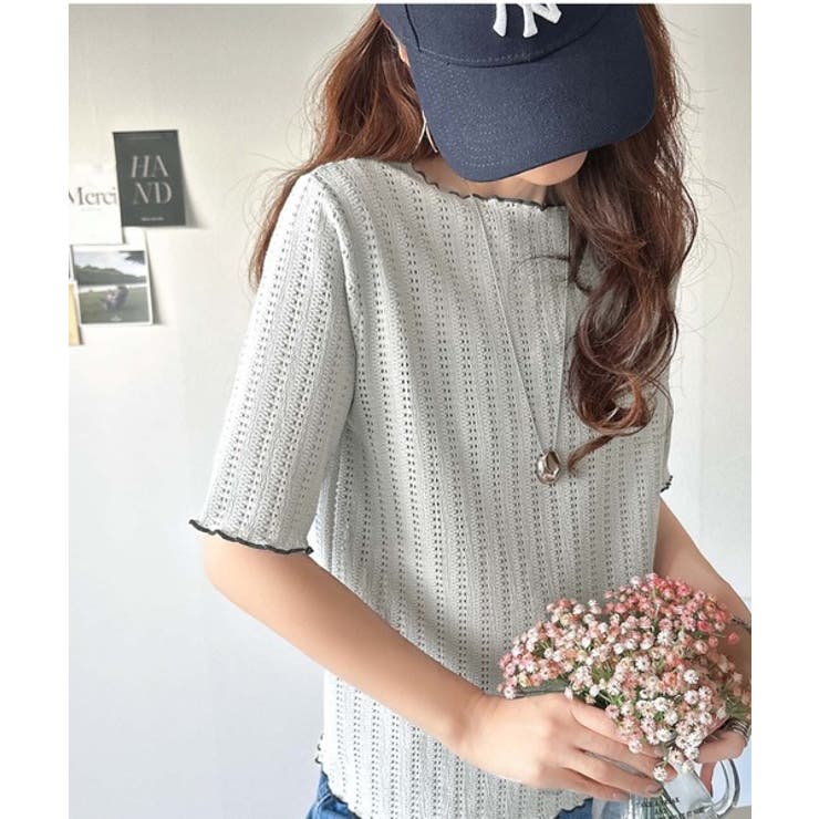 ライトグレー | 肌見せしすぎず、ほんのり色っぽ。透かし編みメロウトップスカットソー（半袖） | Classical Elf 