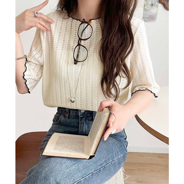 肌見せしすぎず、ほんのり色っぽ。透かし編みメロウトップスカットソー（半袖） | Classical Elf  | 詳細画像1 