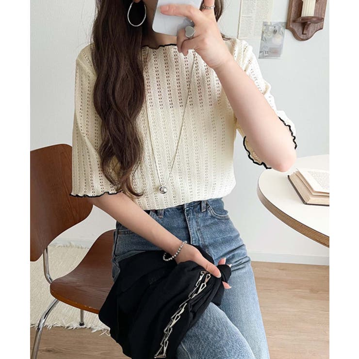 肌見せしすぎず、ほんのり色っぽ。透かし編みメロウトップスカットソー（半袖） | Classical Elf  | 詳細画像2 