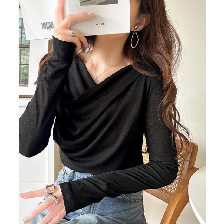 ブラック | 大人のとろみ×透け感。女性らしさが香り立つ。スラブシアードレープトップス（長袖） | Classical Elf 