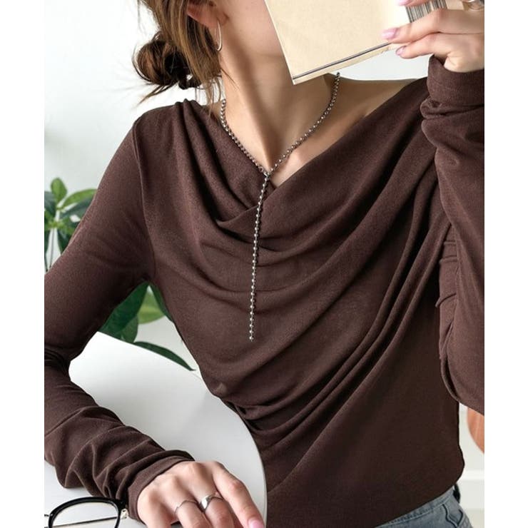 ブラウン | 大人のとろみ×透け感。女性らしさが香り立つ。スラブシアードレープトップス（長袖） | Classical Elf 