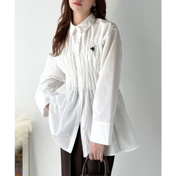 オフホワイト | 大人のシルエット美人を叶える、ビスチェ風シャーリング長袖シャツ（ストライプ 無地… | Classical Elf 