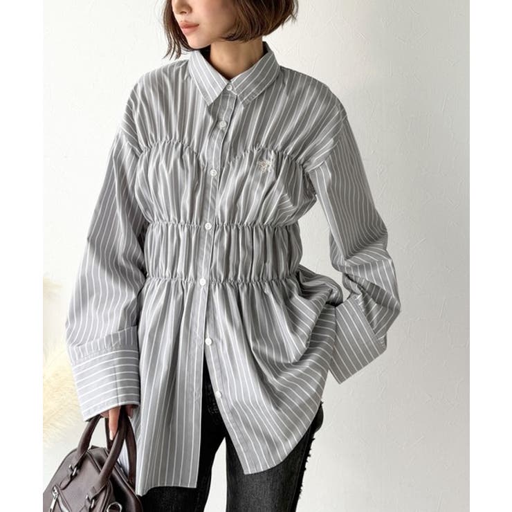 大人のシルエット美人を叶える、ビスチェ風シャーリング長袖シャツ（ストライプ 無地… | Classical Elf  | 詳細画像2 