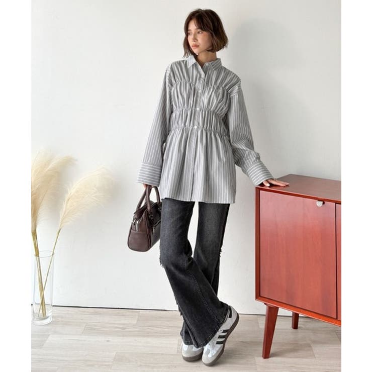 大人のシルエット美人を叶える、ビスチェ風シャーリング長袖シャツ（ストライプ 無地… | Classical Elf  | 詳細画像14 