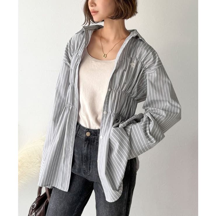 大人のシルエット美人を叶える、ビスチェ風シャーリング長袖シャツ（ストライプ 無地… | Classical Elf  | 詳細画像15 