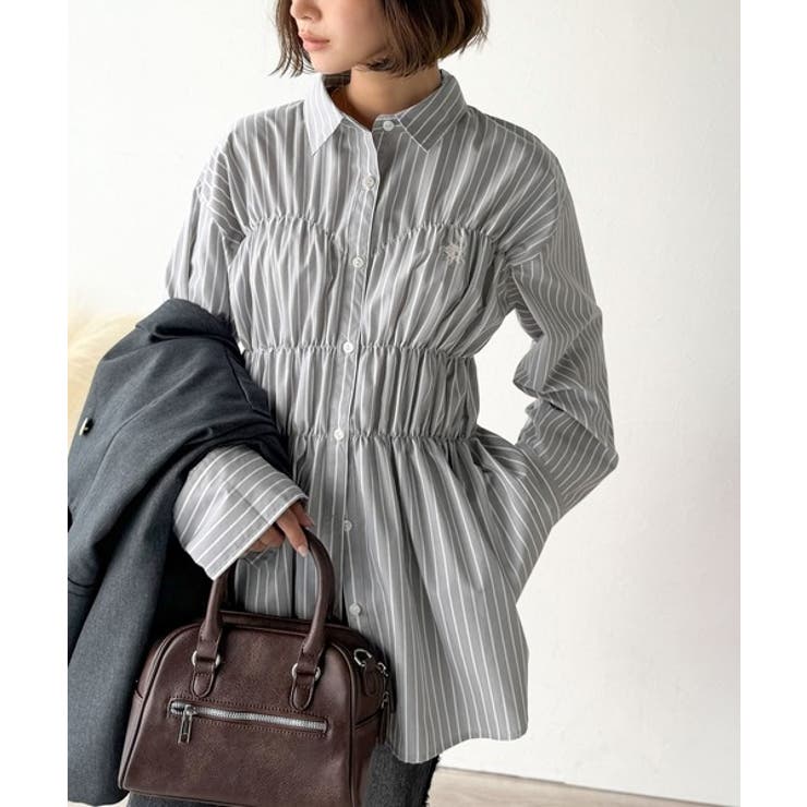 大人のシルエット美人を叶える、ビスチェ風シャーリング長袖シャツ（ストライプ 無地… | Classical Elf  | 詳細画像16 