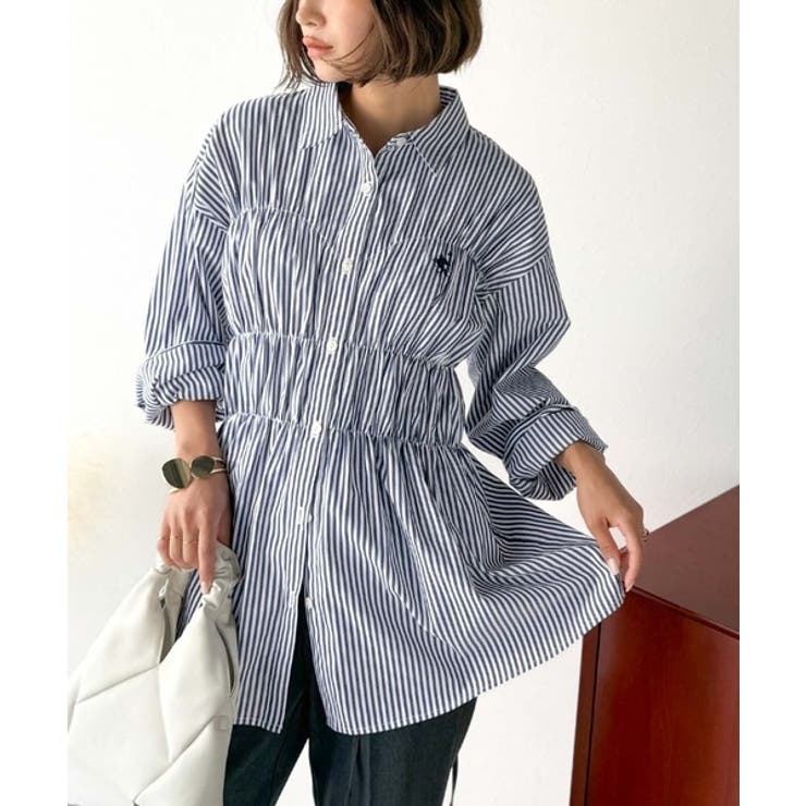 ネイビーストライプ | 大人のシルエット美人を叶える、ビスチェ風シャーリング長袖シャツ（ストライプ 無地… | Classical Elf 