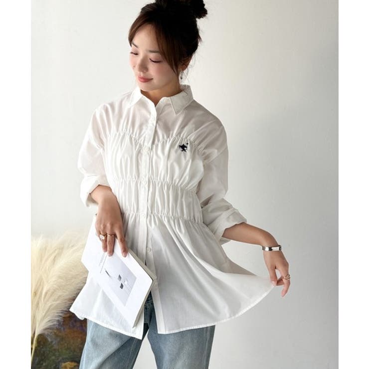 大人のシルエット美人を叶える、ビスチェ風シャーリング長袖シャツ（ストライプ 無地… | Classical Elf  | 詳細画像4 