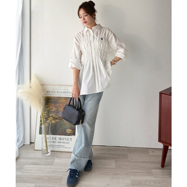 大人のシルエット美人を叶える、ビスチェ風シャーリング長袖シャツ（ストライプ 無地… | Classical Elf  | 詳細画像6 