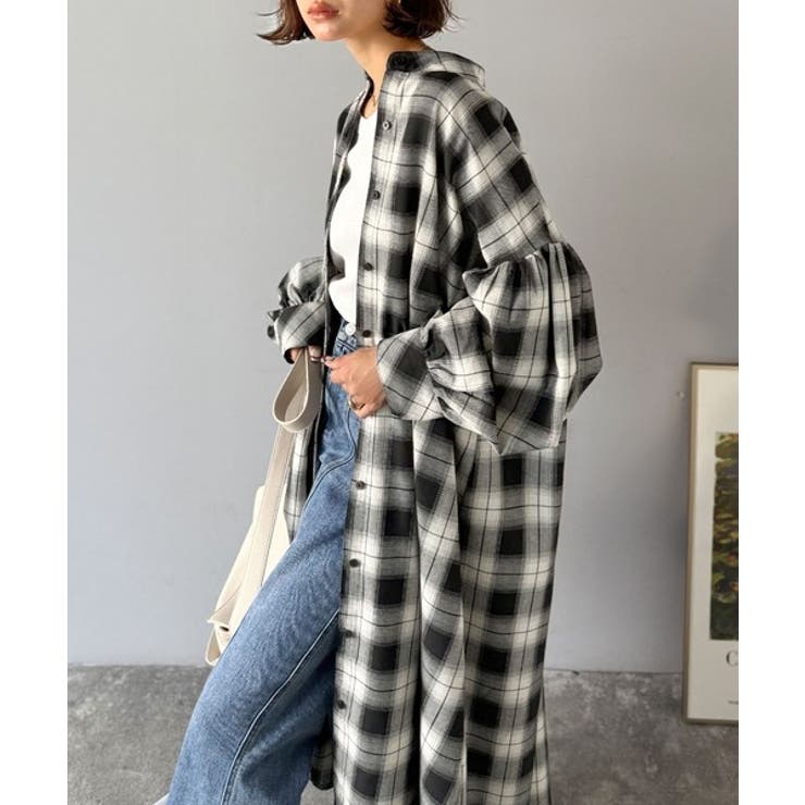 ブラックチェック | 着方自在でロングシーズン活躍◎柄アソートバンドカラービッグシャツワンピ | Classical Elf 