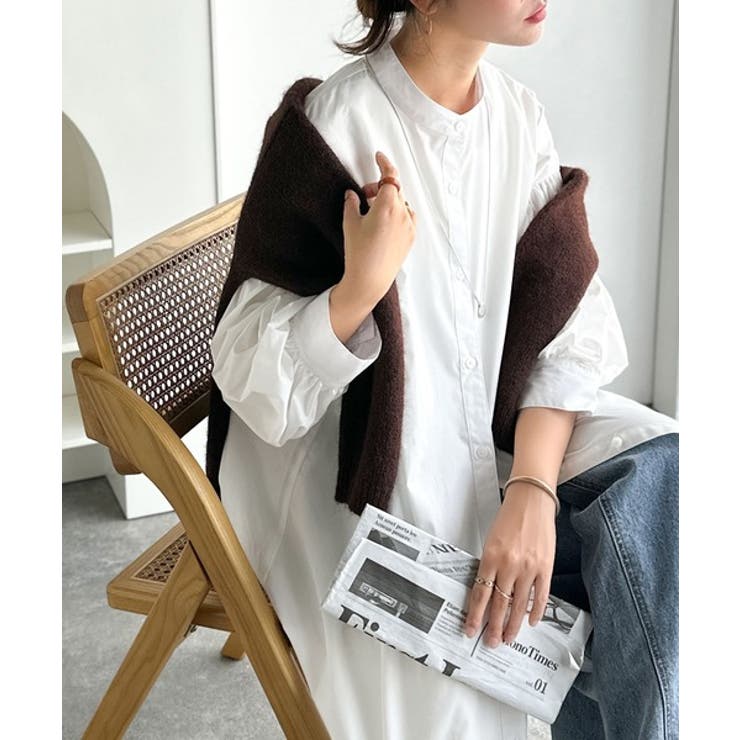 ホワイト | 着方自在でロングシーズン活躍◎柄アソートバンドカラービッグシャツワンピ | Classical Elf 