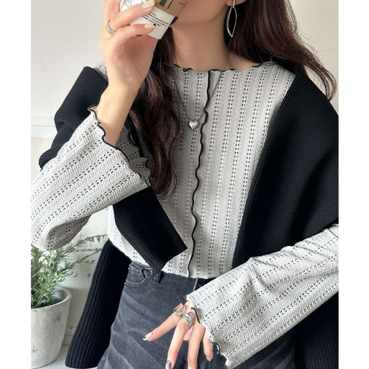 ライトグレー | ほんのり色っぽ。透かし編みセンターメロウフレアスリーブトップスカットソー(長袖) | Classical Elf 