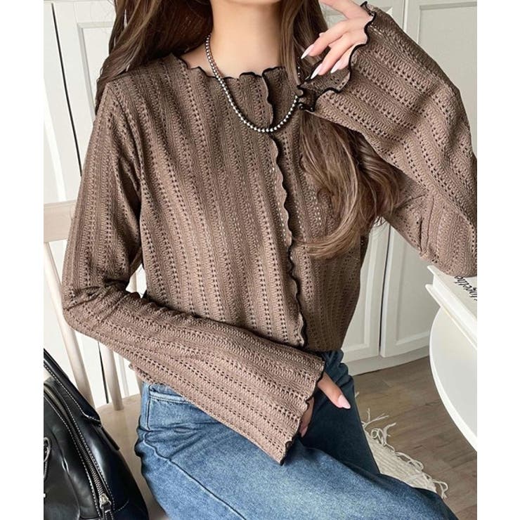 ブラウン | ほんのり色っぽ。透かし編みセンターメロウフレアスリーブトップスカットソー(長袖) | Classical Elf 