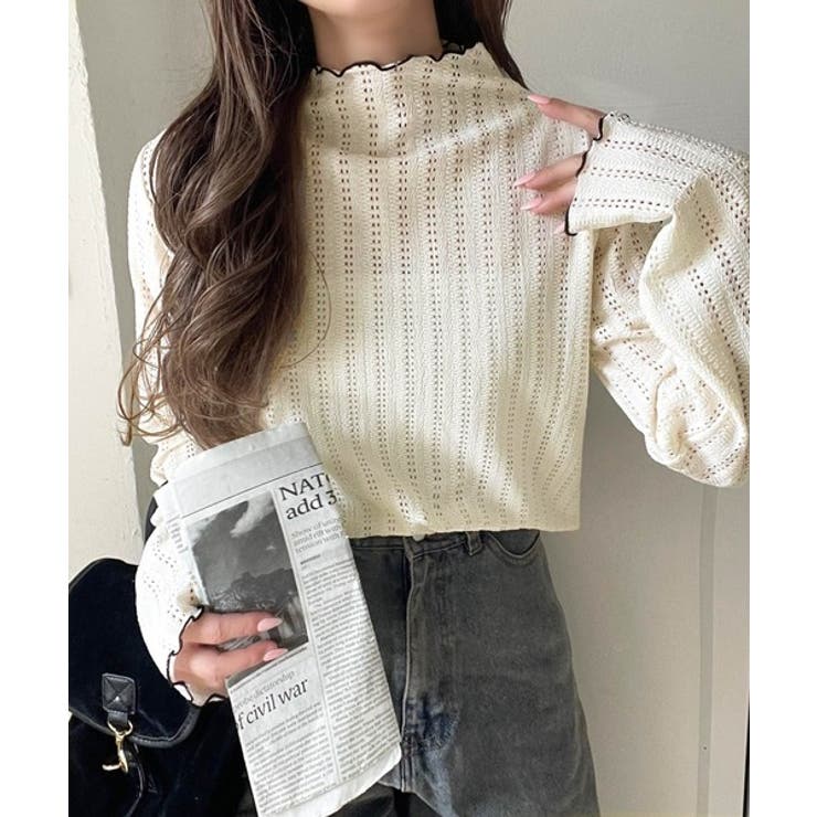 アイボリー | 肌見せしすぎず、ほんのり色っぽ。プチハイネック透かし編みメロウトップス（長袖） | Classical Elf 