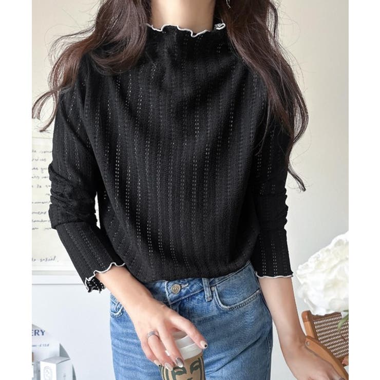ブラック | 肌見せしすぎず、ほんのり色っぽ。プチハイネック透かし編みメロウトップス（長袖） | Classical Elf 