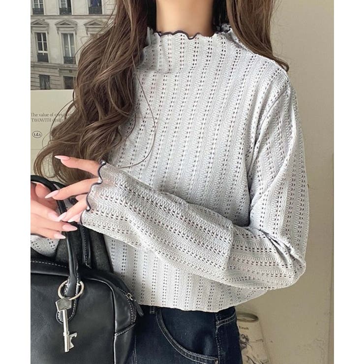 ライトグレー | 肌見せしすぎず、ほんのり色っぽ。プチハイネック透かし編みメロウトップス（長袖） | Classical Elf 