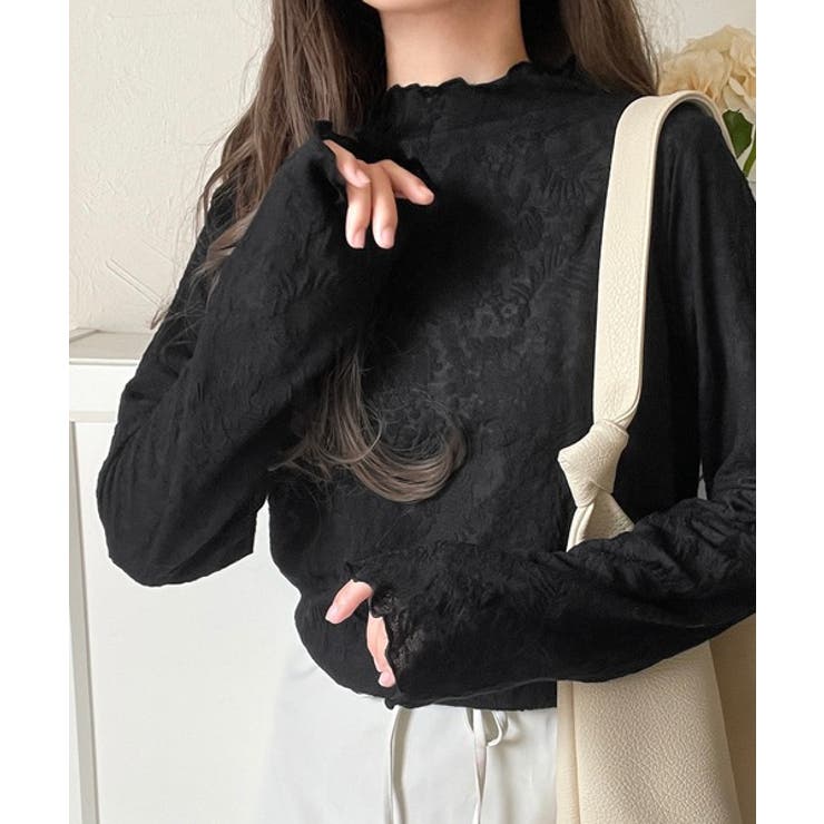 ブラック | 透け感で魅せる、秋の上品レイヤード。プチハイネック花柄レースメロウトップス | Classical Elf 