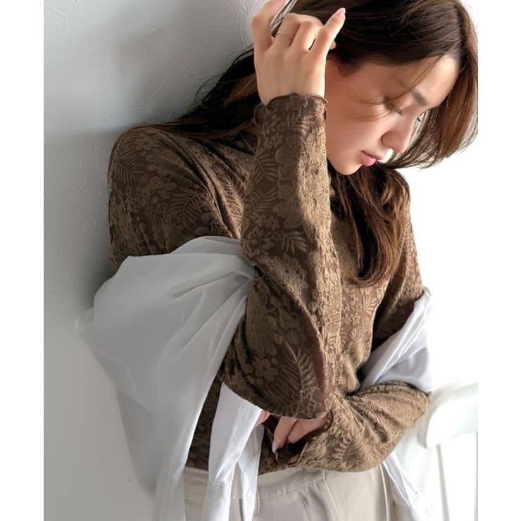 ブラウン | 透け感で魅せる、秋の上品レイヤード。プチハイネック花柄レースメロウトップス | Classical Elf 