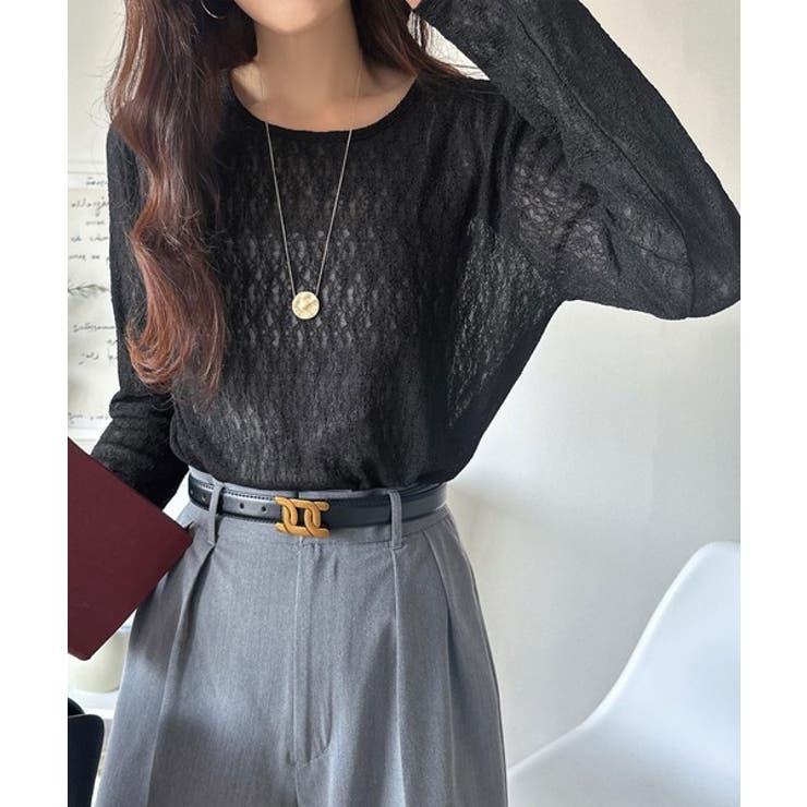 ブラック | ほどよい透け感が大人上品。総柄シアーレーストップス(長袖) | Classical Elf 