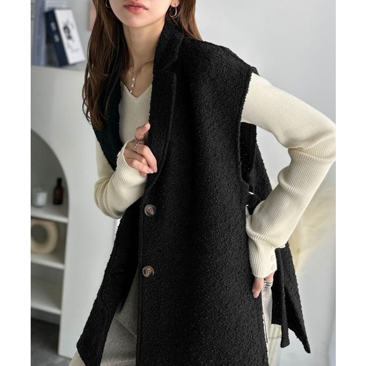 ブラック | シンプルで洗練された大人の雰囲気を演出。サイドベルトブークレシングルジレベスト | Classical Elf 