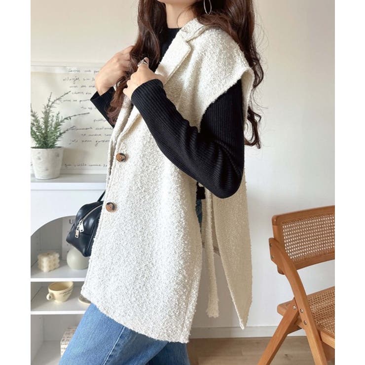 シンプルで洗練された大人の雰囲気を演出。サイドベルトブークレシングルジレベスト | Classical Elf  | 詳細画像3 