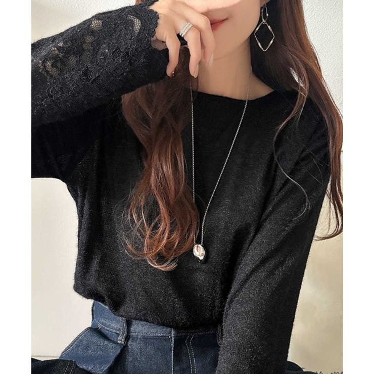 ブラック | 手元から華やぐ♪シーズンムード抜群、袖フラワーレース起毛トップス | Classical Elf 