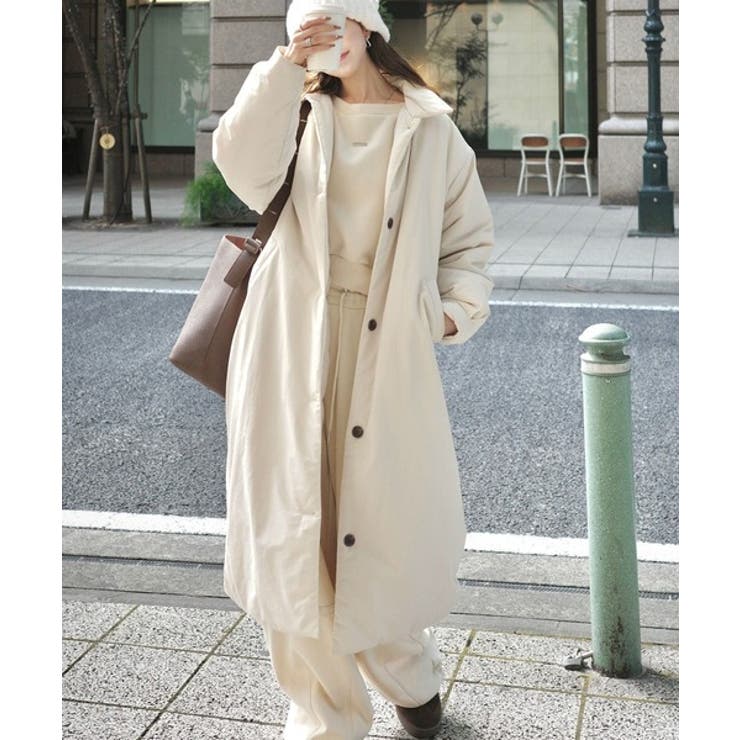 アイボリー | ゆるっとダボっと大人の抜け感♪あたたか機能性アウター◎襟付き中綿ロングコート | Classical Elf 