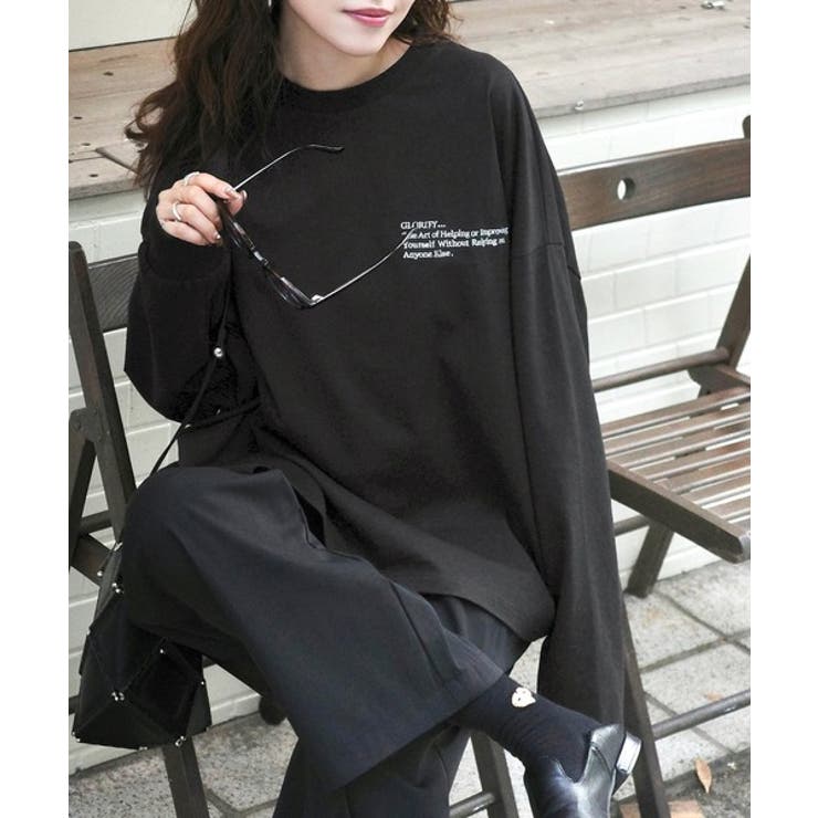 ブラック | ベーシックに今っぽバランスの“余裕”をプラス。綿100％胸刺繍入りロンT | Classical Elf 