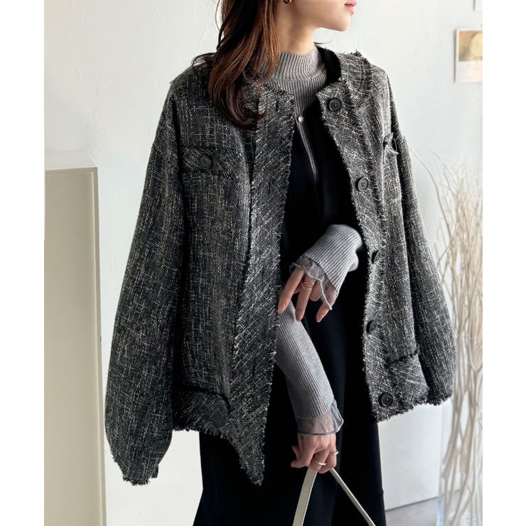 ブラック | 羽織るだけで華やかな存在感♪ポケットデザインコクーンツイードオーバーサイズジャケ… | Classical Elf 