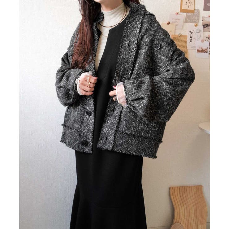 羽織るだけで華やかな存在感♪ポケットデザインコクーンツイードオーバーサイズジャケ… | Classical Elf  | 詳細画像1 