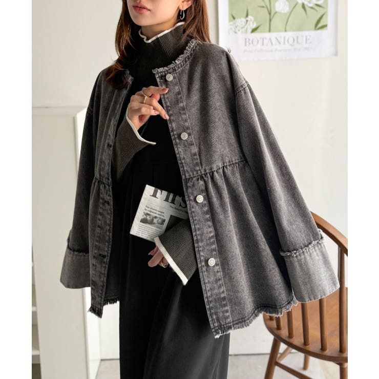 ブラック | フリンジ×デニムの最強コンビ！綿100％ペプラムノーカラーデニムジャケット | Classical Elf 