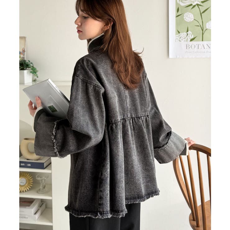 フリンジ×デニムの最強コンビ！綿100％ペプラムノーカラーデニムジャケット | Classical Elf  | 詳細画像7 