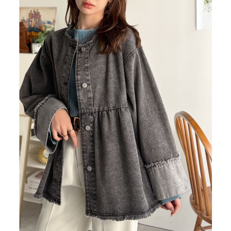 フリンジ×デニムの最強コンビ！綿100％ペプラムノーカラーデニムジャケット | Classical Elf  | 詳細画像9 
