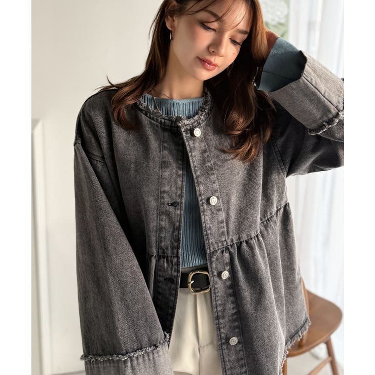 フリンジ×デニムの最強コンビ！綿100％ペプラムノーカラーデニムジャケット | Classical Elf  | 詳細画像10 