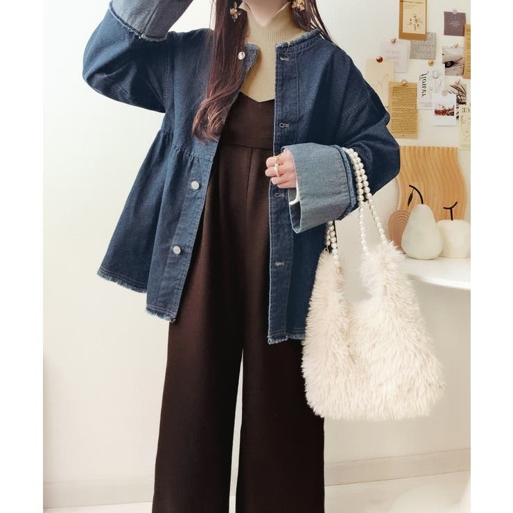 フリンジ×デニムの最強コンビ！綿100％ペプラムノーカラーデニムジャケット | Classical Elf  | 詳細画像12 