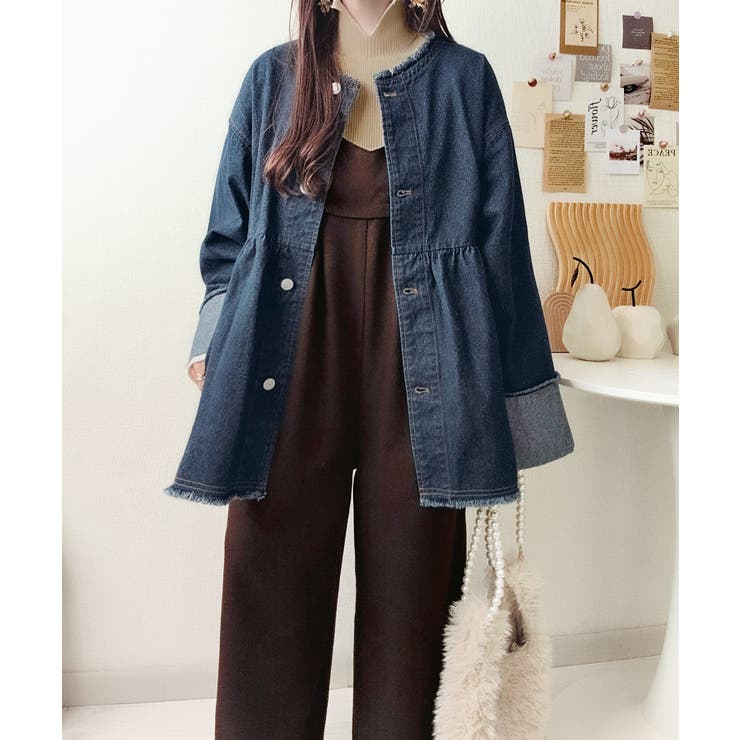 フリンジ×デニムの最強コンビ！綿100％ペプラムノーカラーデニムジャケット | Classical Elf  | 詳細画像15 