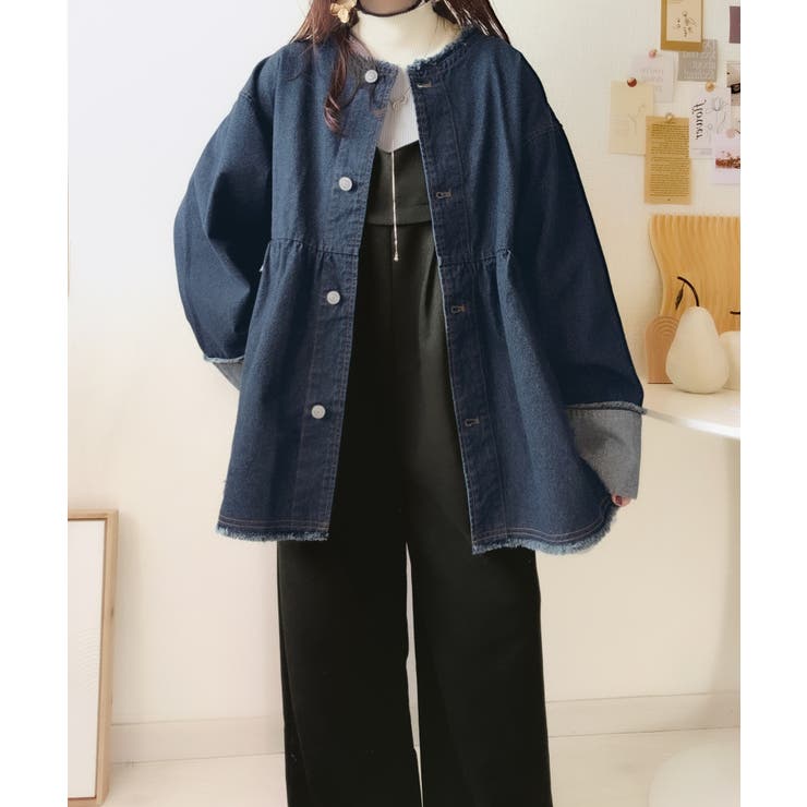 フリンジ×デニムの最強コンビ！綿100％ペプラムノーカラーデニムジャケット | Classical Elf  | 詳細画像17 